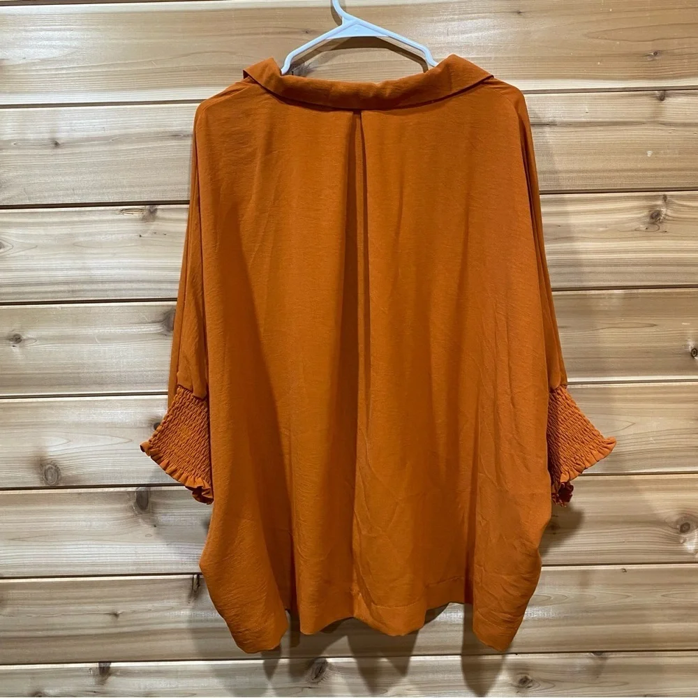 Umgee Womens M Orange‎ V-neckline Noched Collar boho Hippie Top Cuff Long Sleeve